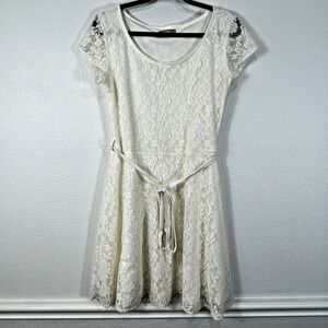 Sahara Woman Lace Fit and Flare Dress Floral Waist Tie Ivory Womens 38 M